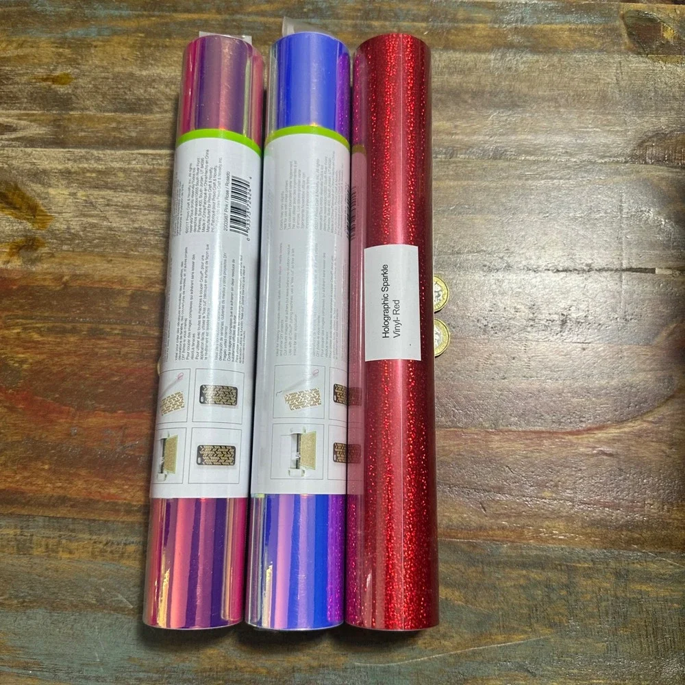 Cricut Holographic Vinyl Bundle Pink Blue Red Sparkle 12x48 3 Rolls New